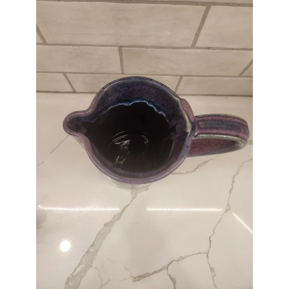 Bay Pottery Virginia‎ Pitcher Vintage 8 Inch Tall Purple Drip Glazed EUC